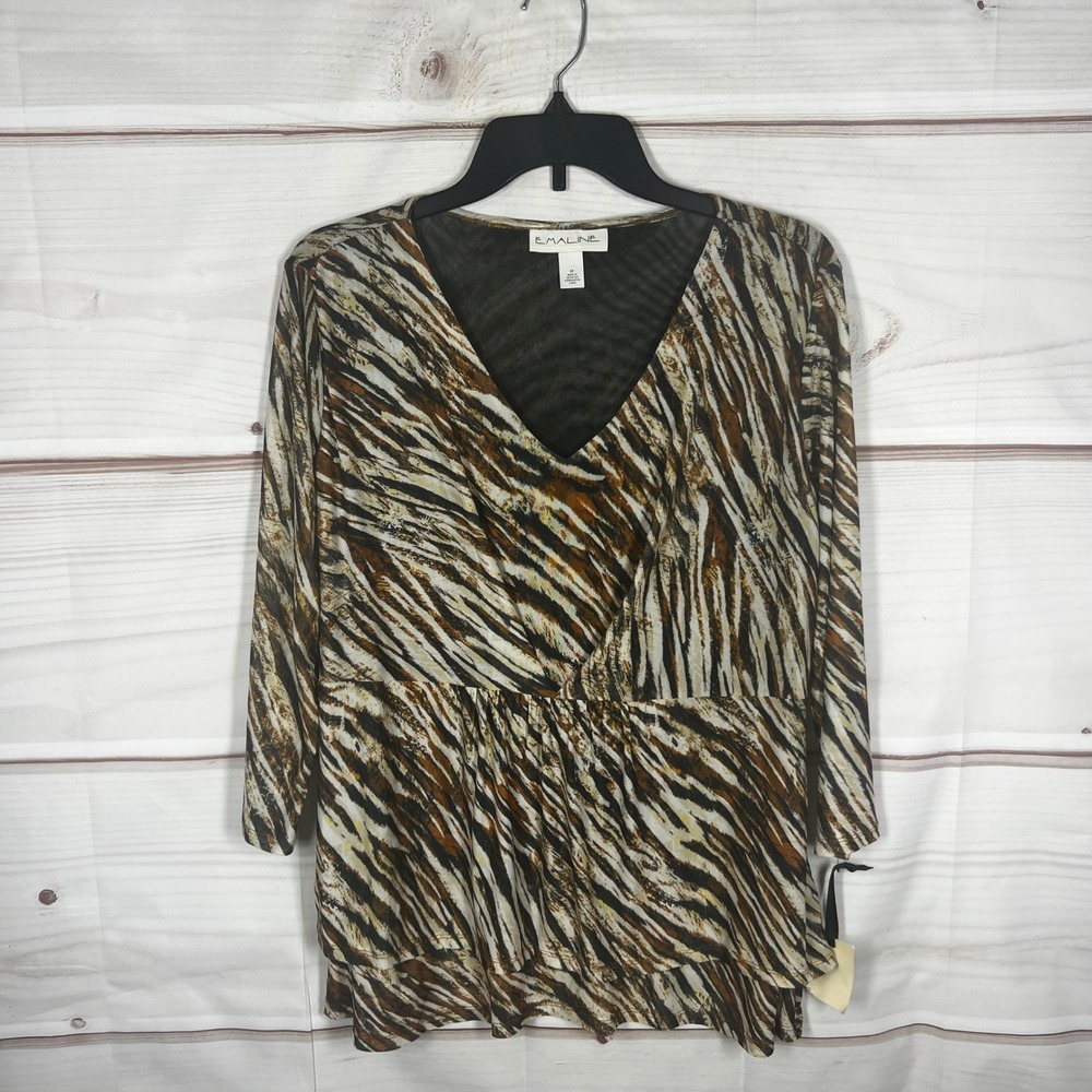 Emaline Mesh Knit Top Women Medium Brown Tiger Print V-Neck 3/4 Sleeve Blouse
